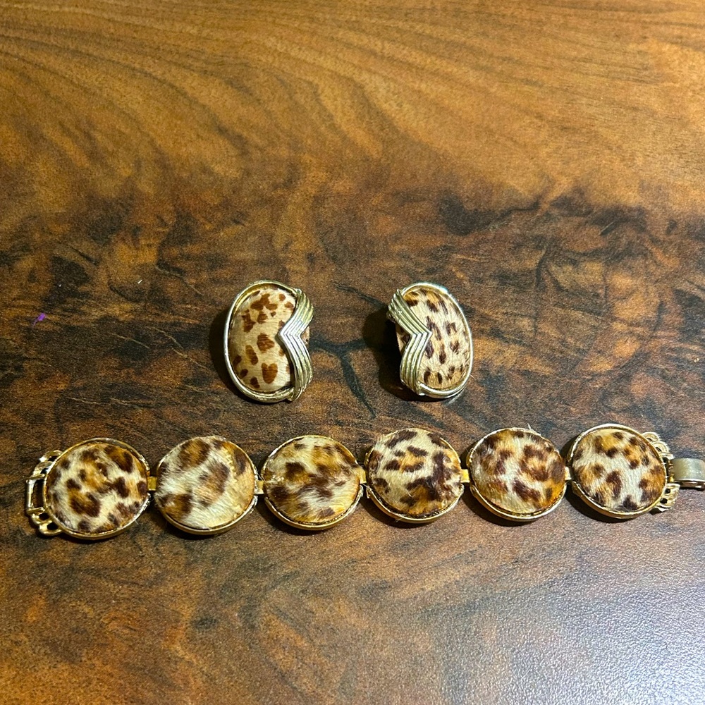 Vintage Leopard Fur Bracelet and Clip-On Earring Set